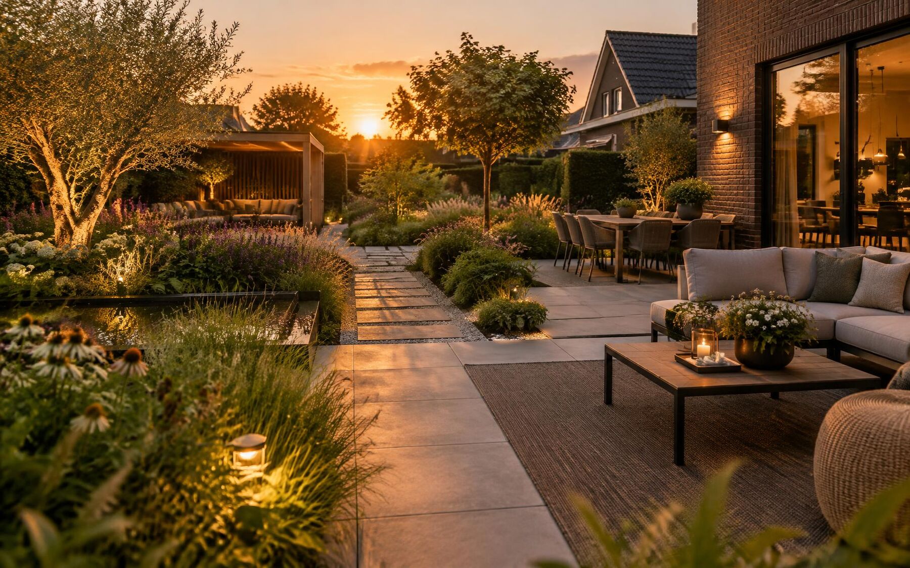 Compleet aangelegde moderne tuin met terras, natuurstenen pad en sfeerverlichting