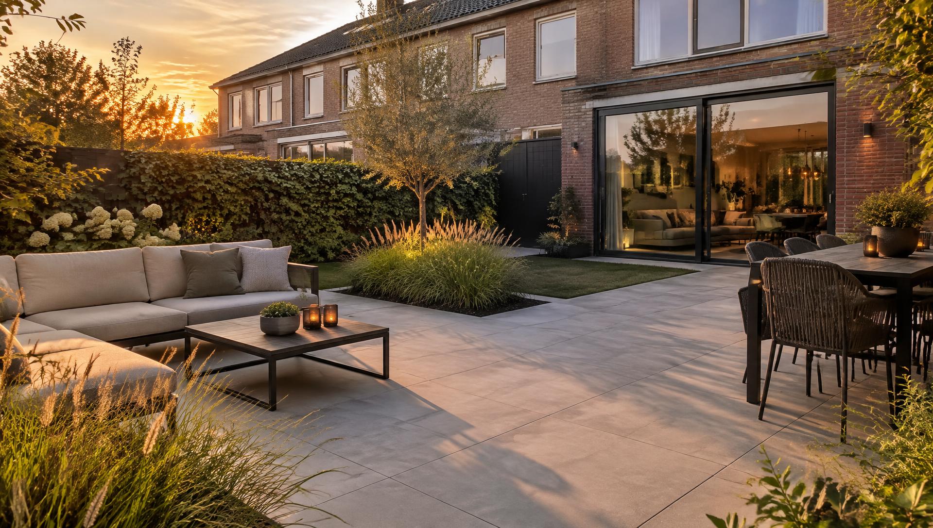 Modern aangelegde tuin met grote keramische terrastegels en siergrassen