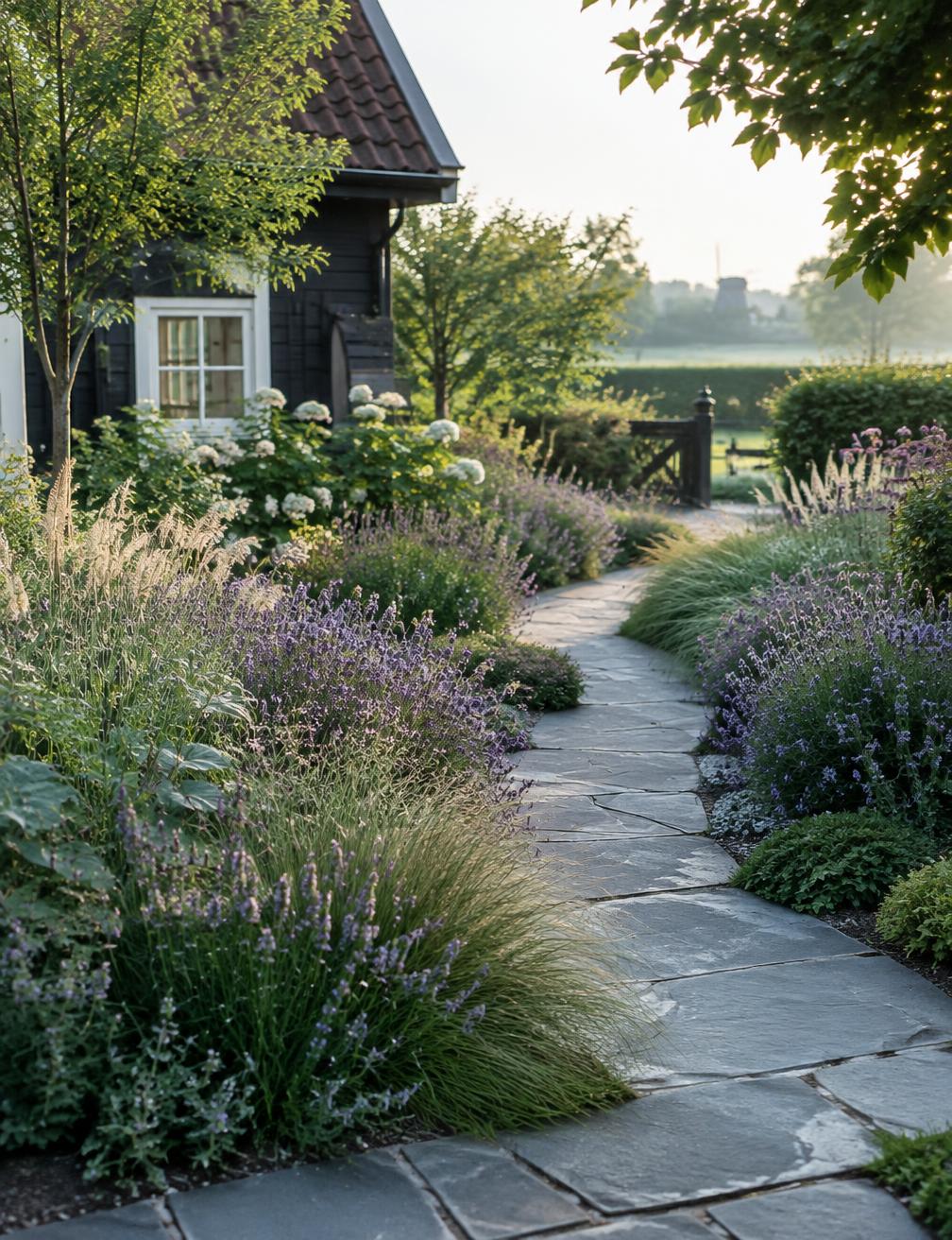 Natuurstenen tuinpad tussen borders met lavendel en siergrassen